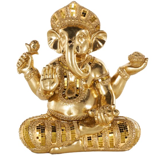 10.5" x 11" Gold Resin Ganesh Decorative Sculpture with Mosaic Details